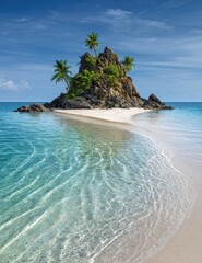 Tranquil tropical island paradise with a secluded beach and crystal clear water, featuring a rocky outcrop, lush foliage, and swaying palm trees, under a vibrant azure sky.