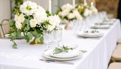 Elegant white wedding reception table setting