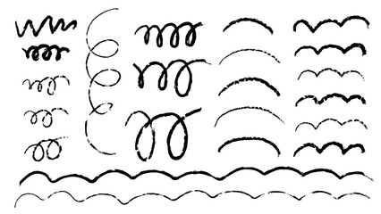Crayon brush line and scribble vector. Pencil texture with underline sketch paint. Doodle highlight or thin strip border set. Abstract freehand brushstroke. Black pen squiggle and scratch kid art