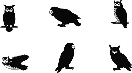 Owl silhouettes, nocturnal bird illustration, perched owl, flying owl, wildlife design, forest animal, raptor art, nature symbol, night predator, wisdom