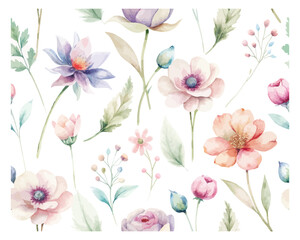 Watercolor Seamless Floral Pattern with Wild Garden Flowers