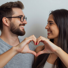 Happy Couple Forms Heart Shape with Hands While Looking at Each Other love romance