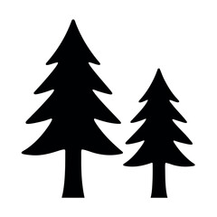 Two silhouetted evergreen trees standing tall against a white background