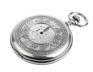 Elaborate  displays a finely detailed antique pocket watch with an intricate, engraved silver face, showcasing ornate patterns and elegant design against a stark black background.