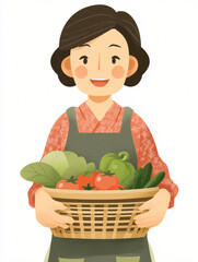 A friendly middle-aged Chinese woman, warm smile, wearing a simple apron, holding a traditional woven bamboo basket filled with fresh vegetables