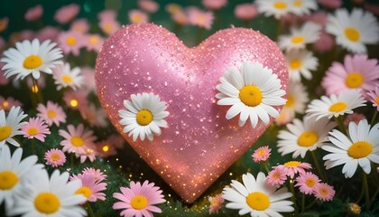 Obraz premium Pink heart adorned with daisies in a field