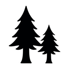Two silhouetted evergreen trees standing tall against a white background