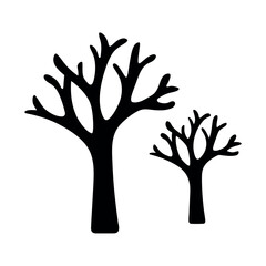 Silhouettes of two bare deciduous trees one larger than the other against a white background