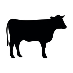 A stark black silhouette of a standing cow with horns against a white background