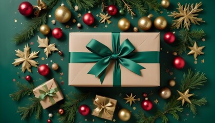 Festive Christmas gifts with ornaments and decorations on a green background.