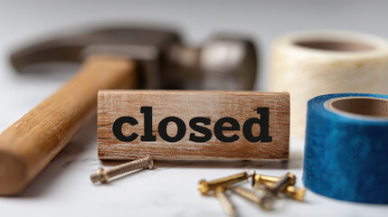 wooden block with the word “closed” sits on a workbench surrounded by screws, a hammer, and rolls of tape, symbolizing construction, repair, or temporary closure