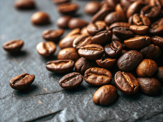 Roasted Coffee Beans on Dark Textured Surface with Glossy Finish Ai-Generated