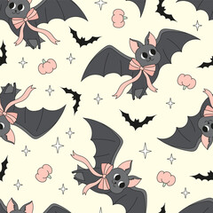 Preppy Coquette Cute Halloween Bat with Bow Seamless Pattern. Girly Pastel Spooky Bat Background for Print and Fabric