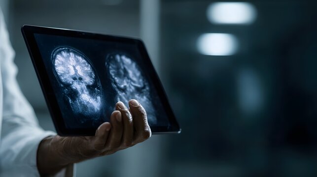 A medical professional examines detailed brain MRI scans presented on a digital tablet illustrating advancements in diagnostic imaging technology