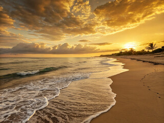 Sunset Beach Scene with Palm Trees, Footprints, and Ocean Waves Ai-Generated