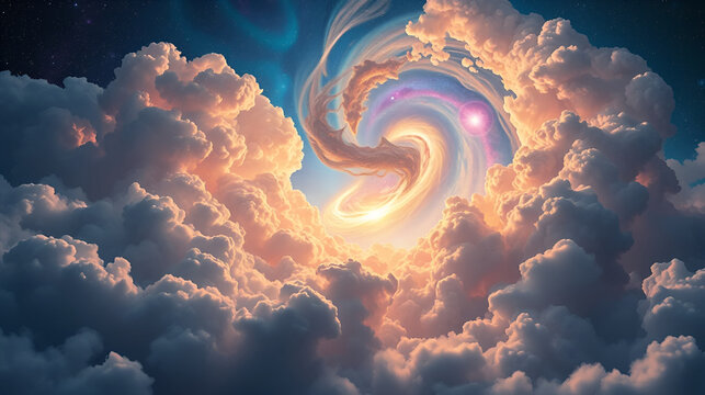 A mesmerizing scene featuring vibrant clouds swirling around a cosmic vista, inspiring a sense of wonder and exploration into the mysteries of the universe and our place within it.