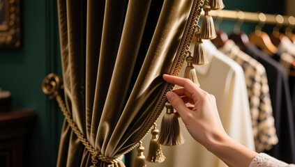 Elegant velvet curtain handling in stylish interior setting