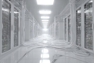 A luminous data center perspective displaying rows of servers and intricate wiring systems
