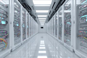 Data Center Interior Perspective: Modern Server Racks in Bright, Minimalist Environment