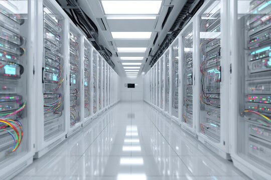 Data Center Interior Perspective: Modern Server Racks in Bright, Minimalist Environment