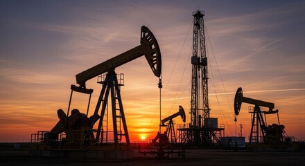 Silhouetted oil pumps and drilling rigs stand against a colorful sunset sky, the orange and golden hues create a warm and inviting mood, illustrating industry and energy production during twilight.
