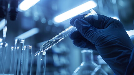 Laboratory experiment showcasing researcher pouring liquid into test tubes meticulously in a