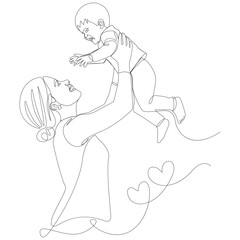 Mother lifting crying baby with hearts in continuous line art style child