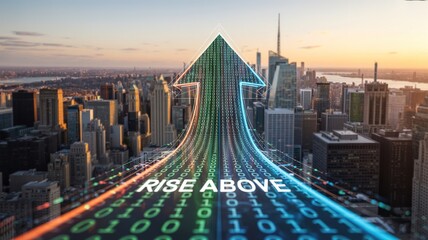 Rise Above Binary Code Arrow Over Cityscape at Sunset