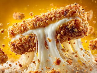 Crispy fried mozzarella sticks with melted cheese pulling apart, symbolizing snack, fast food, appetite, delicious taste, and comfort eating. 
