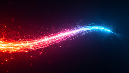 Horizontal Swirling Energy Arc of Red and Blue Light Streaks With Particles Against Dark Background