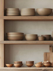 minimal wooden kitchen shelves of a coffee station with handcrafted ceramic and wooden bowls, neutral clay wall background, natural soft daylight, warm earthy tones, rustic modern style