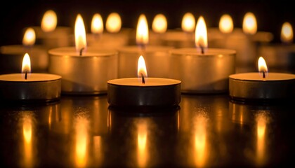 Glowing tea lights on dark surface, reflections visible