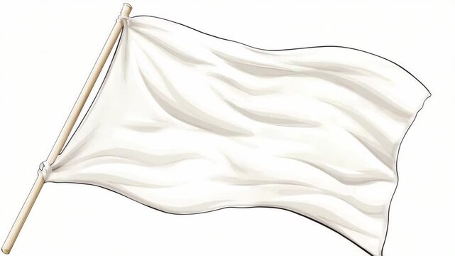 White flag fluttering on a wooden pole, hand-drawn style, isolated on white background, symbol of truce or surrender in peaceful concept