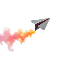 Paper airplane glides across the frame, leaving a trail of colorful and vibrant smoke against a stark black background, symbolizing journey, communication, and creative expression, with an artistic...