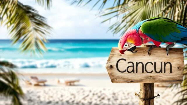 Colorful parrot on Cancun beach sign with ocean view