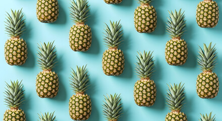 Fototapeta premium Pineapple Paradise: A vibrant arrangement of fresh pineapples creating a tropical pattern. Perfect for food-themed designs, this image showcases the natural beauty of the fruit.