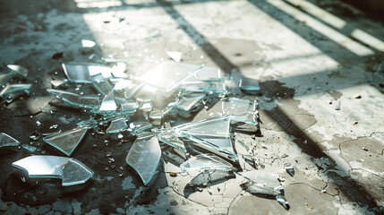 Shattered Reality: Reflections of Broken Glass on Cracked Concrete Surface with Sunlight