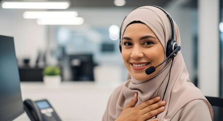 Smiling Muslim woman wearing hijab and headset working in office
