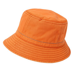 Vibrant orange bucket hat with a wide downward brim, summer fashion accessory isolated on white background. PNG