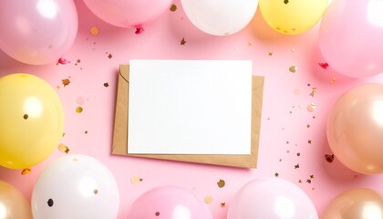 Blank greeting card surrounded by pastel balloons and gold confetti on a pink background