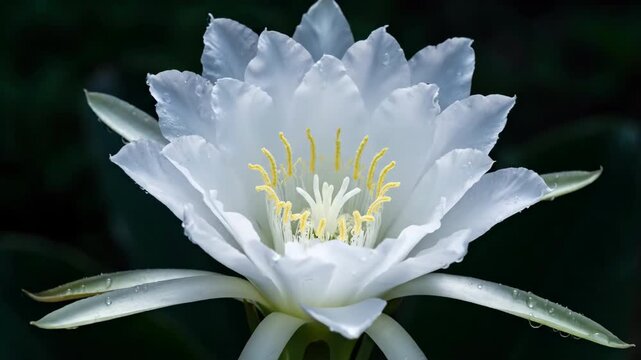 Mysterious night-blooming cereus flower slowly opening its delicate white petals under moonlight in an ethereal timelapse delicate white petals, unique, slowly opening