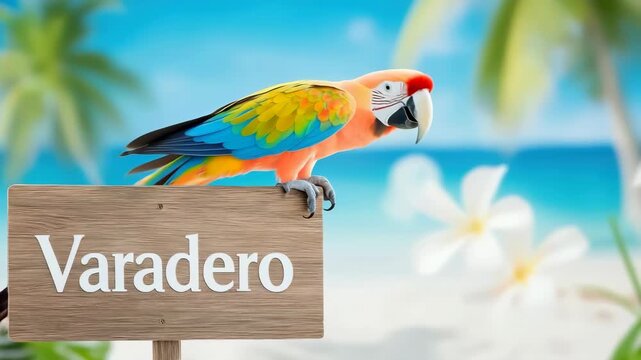 Tropical parrot on Varadero beach sign at resort boardwalk