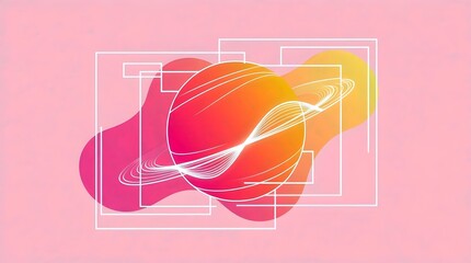 Abstract design featuring a vibrant planet with rings, surrounded by geometric shapes and fluid gradients on a soft pink backdrop, creating a modern aesthetic