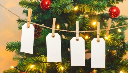 Festive holiday background with four blank paper gift tags hanging on a decorated Christmas tree for your custom message or wishes