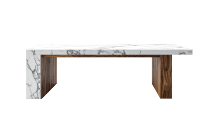 Sophisticated modern coffee table features a striking rectangular design, presenting a luxurious combination of white marble countertop and wooden legs against a solid black backdrop, showcasing a...