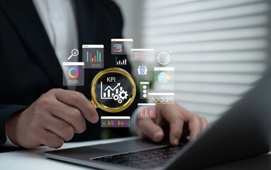 Businessman analyzing KPI with magnifying glass and data charts on laptop, symbolizing performance evaluation, business analytics, corporate strategy, goal measurement and success tracking