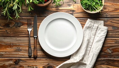 Rustic wooden table setting from a top-down view with an empty white plate, cutlery, and fresh green herbs for a healthy eating concept
