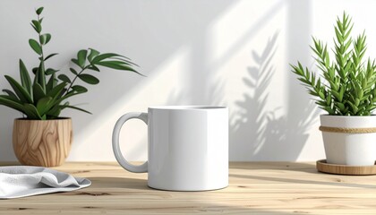 Clean white coffee mug mockup on a sunlit wooden table with green potted plants, ideal for branding and design presentation