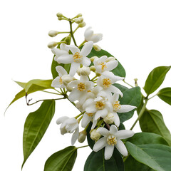 Obraz premium Delicate cluster of white star shaped flowers with green leaves isolated on transparent background