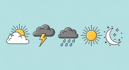 Weather Icons - Sunny, Stormy, Rainy, and Nightly Forecast Symbols.
